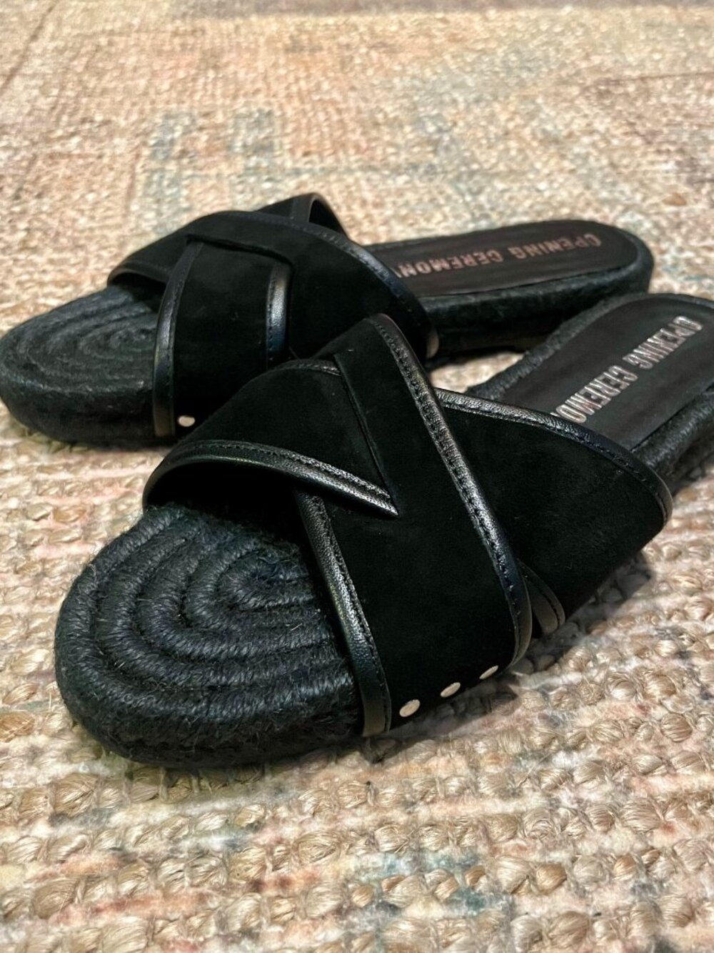 Opening Ceremony Double Strap Studded Black Sandals Slides Womens 37